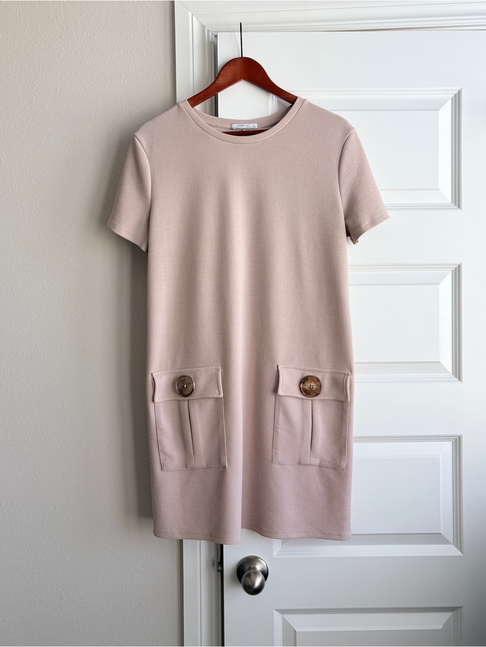 Zara Basic Beige Tan Neutral Textured Shift Dress L Pocket Mini